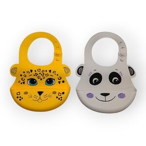 Walabi Leopard Panda Animal Friends Baby Toddler Silicone Bibs Unisex 2 Bibs NEW